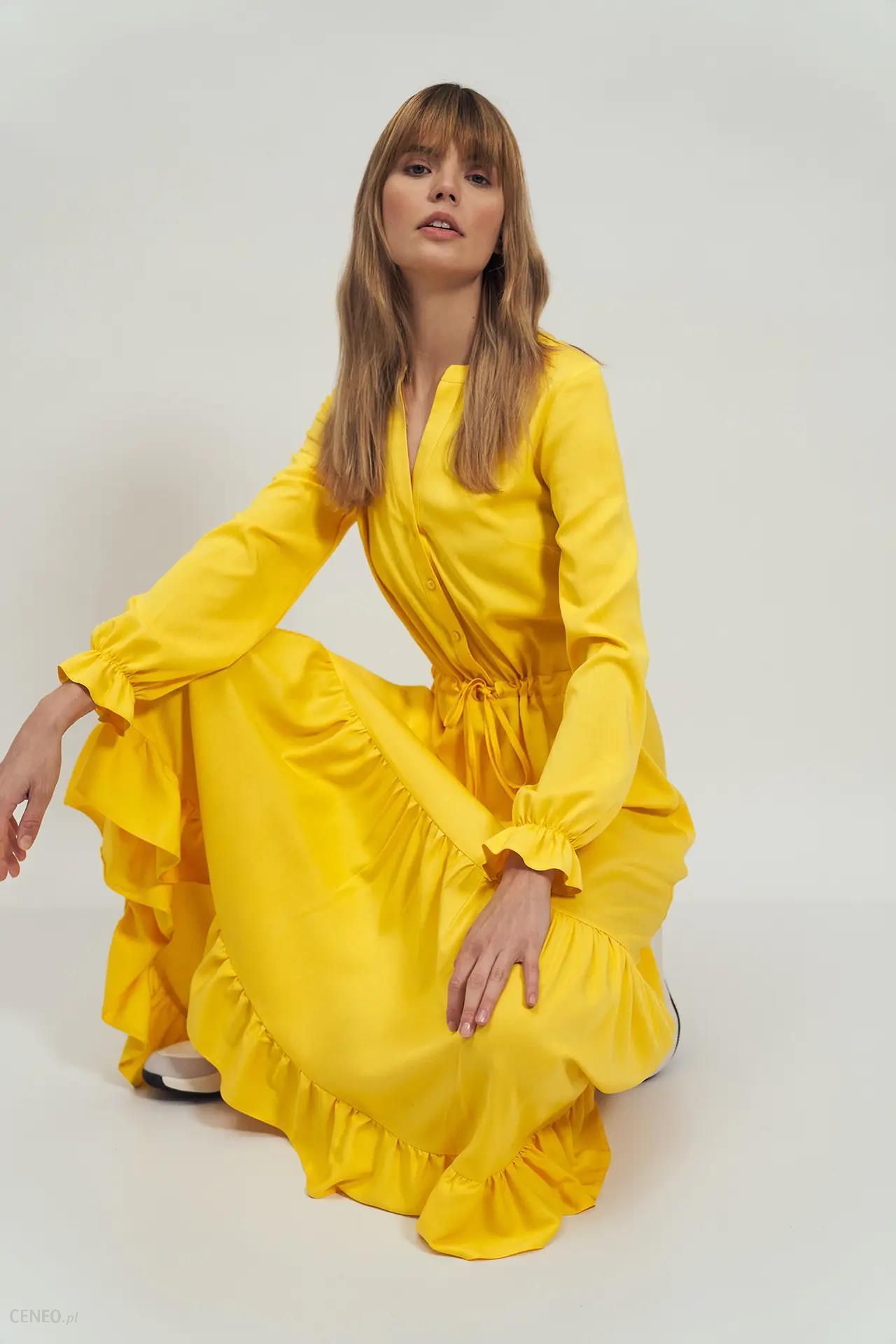 Długa żółta sukienka z falbanką - S178 (kolor żółty, rozmiar 44) - Ceny i  opinie 