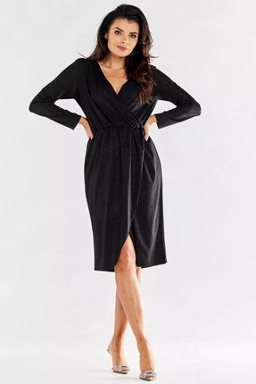 Połyskująca sukienka midi z kopertowym dołem (Czarny, XL)