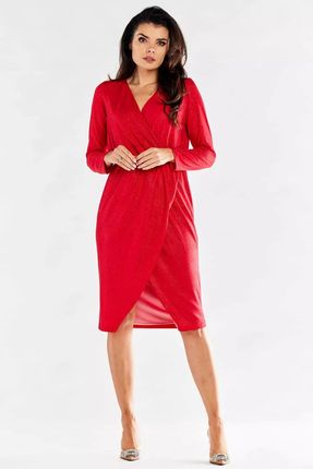Połyskująca sukienka midi z kopertowym dołem (Czerwony, XL)