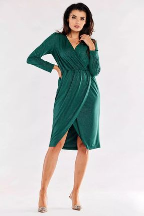 Połyskująca sukienka midi z kopertowym dołem (Zielony, S)