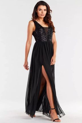 Wieczorowa sukienka maxi z cekinowym topem (Czarny, S)