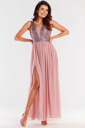 Wieczorowa sukienka maxi z cekinowym topem (Różowy, S)