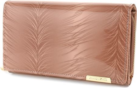 Skórzany portfel damski poziomy lakierowany elegancki duży beżowy w piórka 827