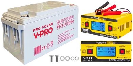 Zestaw akumulator Volt DEEP CYCLE VPRO SOLAR 12V 74Ah VRLA + prostownik 6PRA12A824 A80