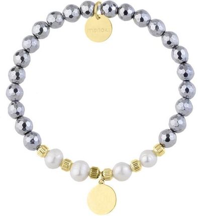 Damska bransoleta kulki srebrnego hematytu i białe perły z medalikiem do grawerowania