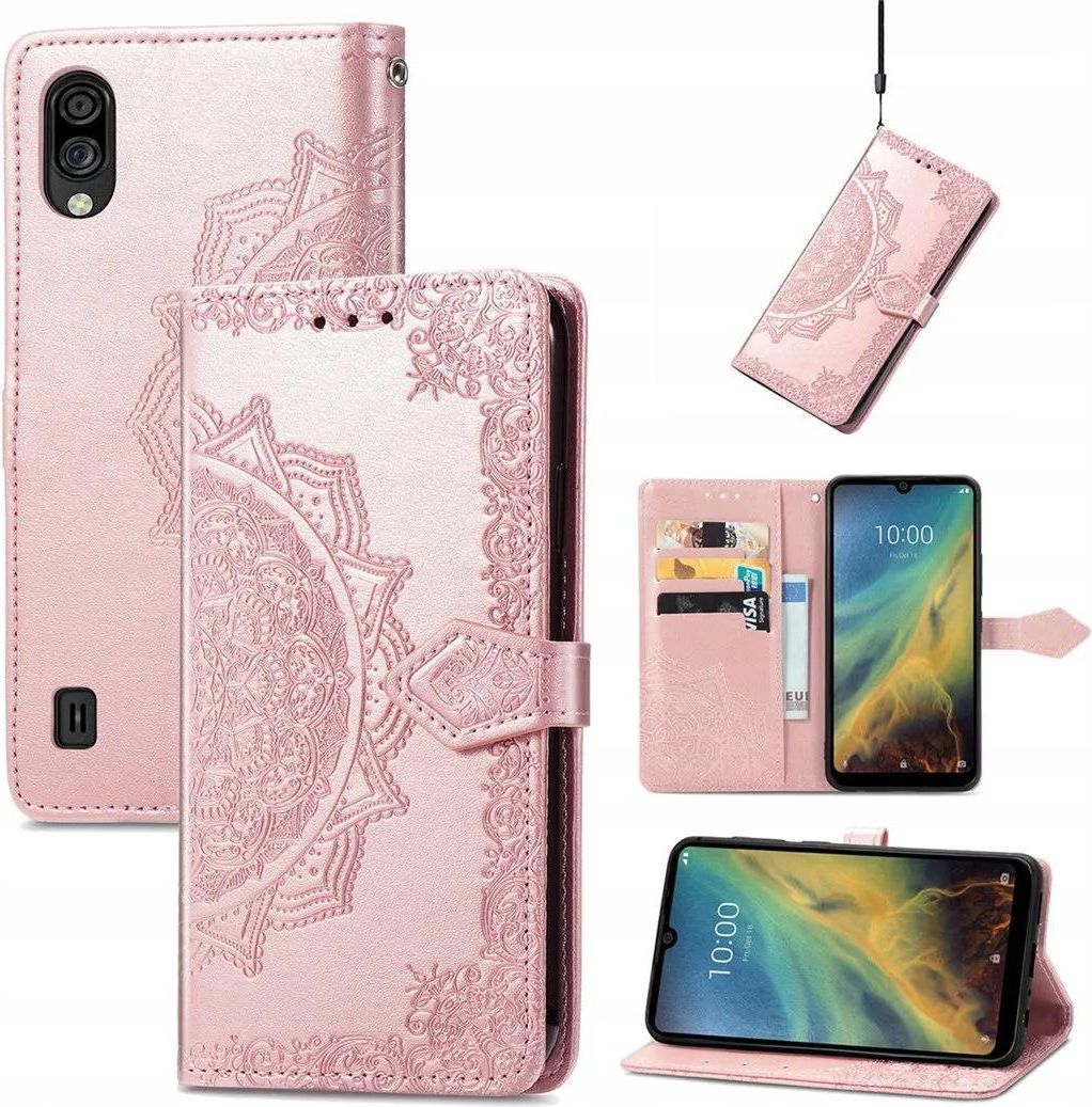 Custodia in Pelle per ZTE Blade A5 2020 Flip Cover con chiusura magnetica,tasca con cerniera, in pelle PU,con 7 scomparti per carte di credito,con Cinturino da Polso Magnetica Goffrato Fiore Cover Blu