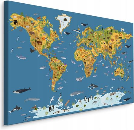Obraz dla Dzieci Mapa Świata Zwierzątka 3D 120x80
