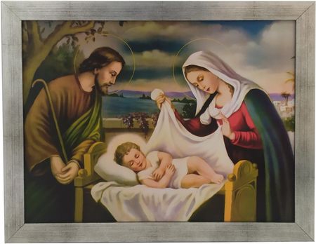 Obrazy Świętej Rodziny 35X45 Srebrna Rama Jezus
