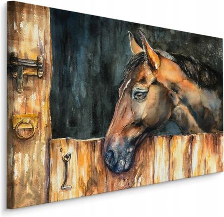 Obraz Do Salonu Malowany Koń Zagroda Drewno 90x60