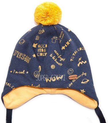 BROEL Lenon czapka na zimę wiązana dla chłopca granat-żółty