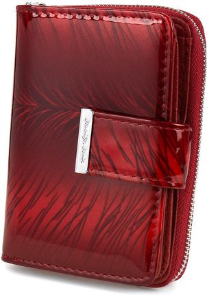 Skórzany portfel damski lakierowany elegancki modny czerwony w piórka 826