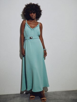 Maxi sukienka na ramiązkach z paskiem oliwkowa TW1458
