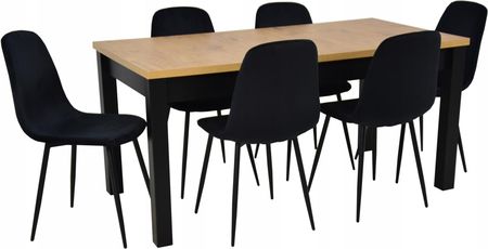 6 krzeseł welur czarny i stół 80x160/200 cm