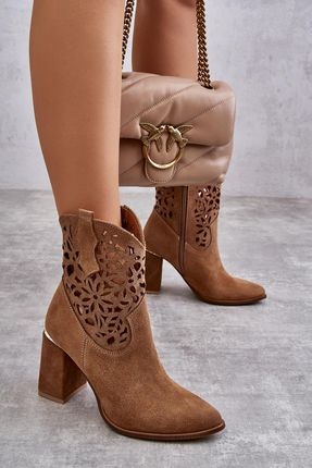 Zamszowe Ażurowe Botki Lewski Shoes 3264 Ciemnobeżowe
