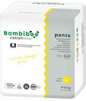Bambiboo Cottonwear Jednorazowe pieluchomajtki z bawełną organiczną, rozmiar 4 Maxi (9-14kg), 22 szt.