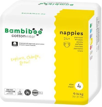 Bambiboo Cottonwear Jednorazowe pieluszki z bawełną organiczną, rozmiar 4 Maxi (9-14kg), 24 szt.