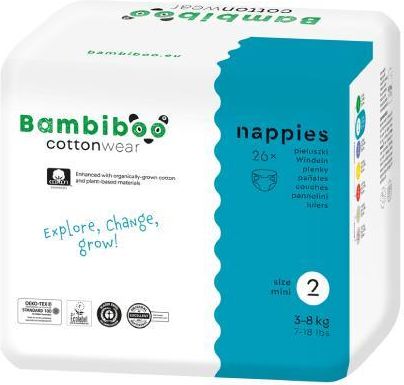 Bambiboo Cottonwear Jednorazowe pieluszki z bawełną organiczną, rozmiar 2 Mini (3-8kg), 26 szt.