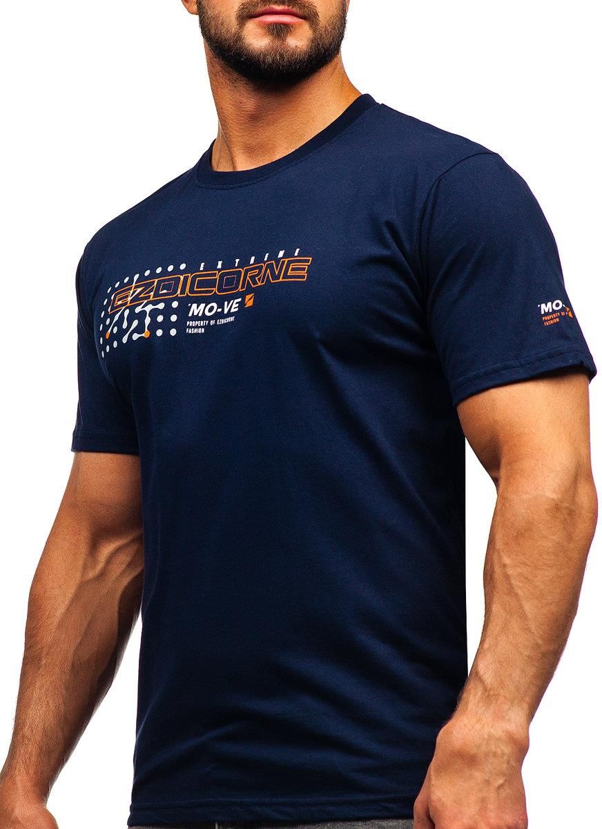 Granatowy bawełniany t-shirt męski z nadrukiem Denley 14732 - Ceny 