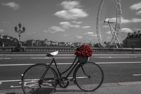 Zakito Posters Plakat 45x30cm Rower z wiązanką kwiatów na Moście Westminsterskim z London Eye w tle Assaf Frank