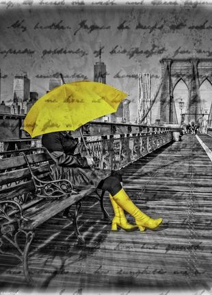 Zakito Posters Plakat 20,5x28,4cm Kobieta turystka z parasolką siedząca na ławce przy przejściu dla pieszych na moście Brooklyńskim Assaf Frank