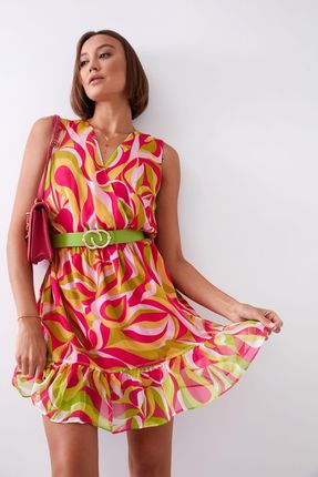Lekka wzorzysta sukienka z paskiem neonowo zielono różowa 03040