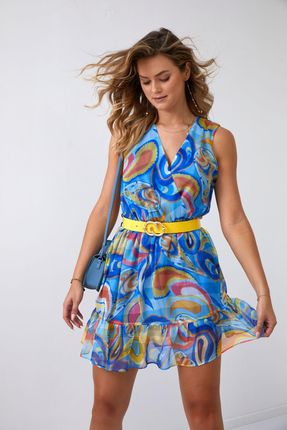 Lekka wzorzysta sukienka z paskiem ciemno niebiesko żółta 03040