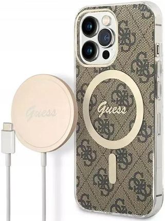 Guess Zestaw Gubpp13Lh4Eacsw Case+ Charger Iphone 13 Pro Brązowy/Brown Hard Case 4G Print Magsafe