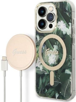 Guess Zestaw Etui + Ładowarka Bezprzewodowa Gubpp14Lhjeacsa Apple Iphone 14 Pro Zielony/Green Hard Case Jungle Magsafe