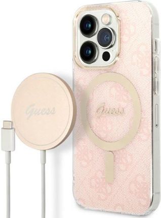 Guess Bundle Pack Magsafe 4G - Zestaw Etui + Ładowarka Iphone 14 Pro (Różowy/Złoty)
