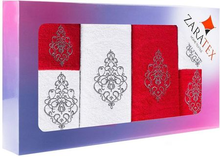 Zaratex Komplet Ręczników W Pudełku 6 Szt Ornament Biały Czerwony Po 2Szt. 30X50 50X90 70X140 400G/M2