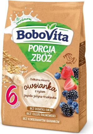 BoboVita Porcja Zbóż mleczna owsianka z ryżem jagoda jeżyna i truskawka po 6. miesiącu życia 210g