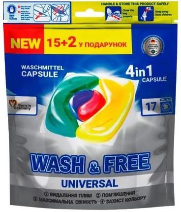 Wash&Free Kapsułki Do Prania 4W1 Uniwersalne 15+2Szt.