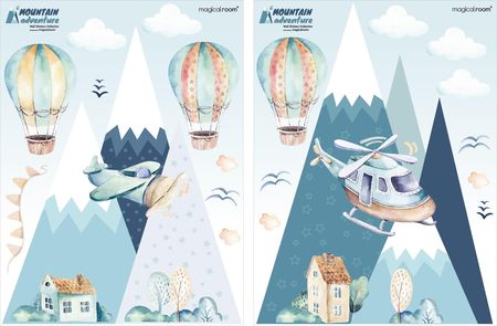 Naklejki na ścianę - niebieskie góry i latające balony - duży zestaw - MagicalRoom®