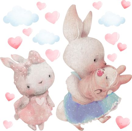 Naklejki na ścianę dla dziewczynki - króliczki, serca i chmurki - MagicalRoom®