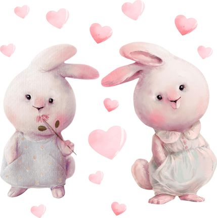 Naklejki na ścianę dla dziewczynki - dwa słodkie króliki i różowe serca - MagicalRoom®