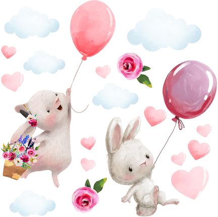 Naklejki na ścianę dla dzieci - różowe balony i króliczki - MagicalRoom®