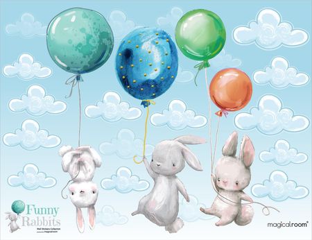 Naklejki na ścianę dla dzieci - króliczki i latające baloniki - MagicalRoom®