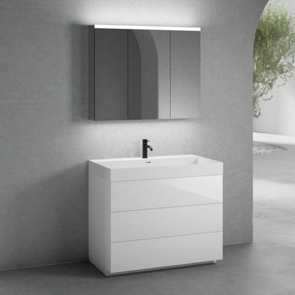 Neoro n50 szafka szer. 100 cm z 3 szufladami umywalka z 1 otworem na baterię biały mat z szafką z lustrem BN0139WM+BN0453WH+BN0474MI