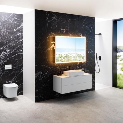 Neoro – DAS stylizowana łazienka kompletna z szafką z lustrem zestawem mebli łazienkowych WC prysznicem z bateriami Bad-des-Monats-Set3