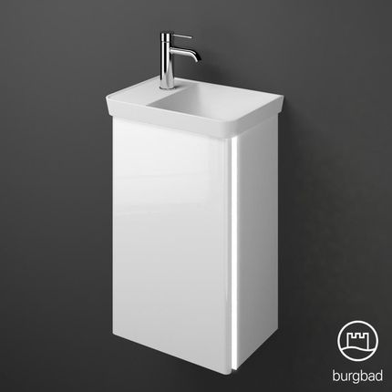 Burgbad Iveo umywalka toaletowa z szafką pod umywalkę z oświetleniem szer. 44 wys. 69 gł. 31 cm 1 drzwi lewe wgłębienie na umywalkę po prawej stron