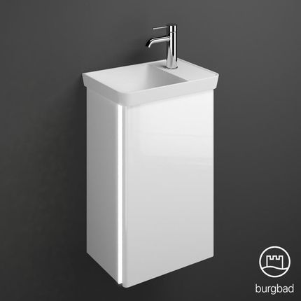 Burgbad Iveo umywalka toaletowa z szafką pod umywalkę z oświetleniem szer. 44 wys. 69 gł. 31 cm 1 drzwi prawe wgłębienie na umywalkę po lewej stron