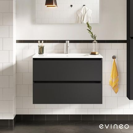 Evineo ineo2 szafka pod umywalkę szer. 101 cm 2 szuflady z uchwytem wpuszczanym umywalka biała szafka czarny mat