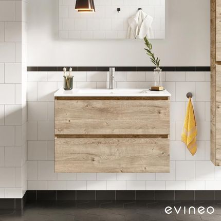Evineo ineo2 szafka pod umywalkę szer. 101 cm 2 szuflady z uchwytem wpuszczanym umywalka biała szafka dąb