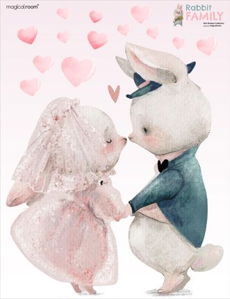 Naklejki na ścianę dla dzieci - zakochane króliki i różowe serduszka - MagicalRoom®