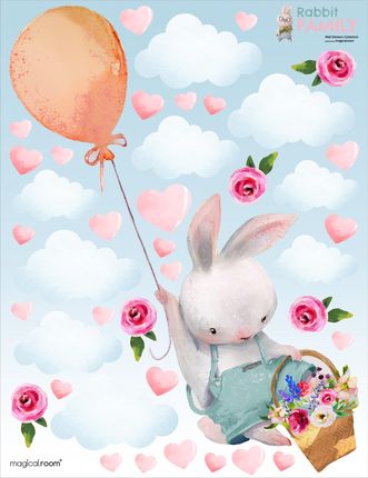 Naklejka na ścianę dla dziewczynki - królik, balon i kwiaty - MagicalRoom®
