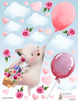 Naklejki na ścianę dla dziewczynki - królik, kwiaty i balony - MagicalRoom®
