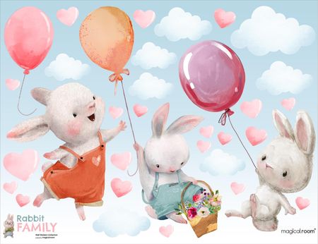Naklejki na ścianę do przedszkola - króliki, balony i chmurki - MagicalRoom®
