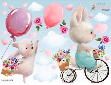 Naklejka na ścianę dla dziewczynki - królik z balonami - MagicalRoom®