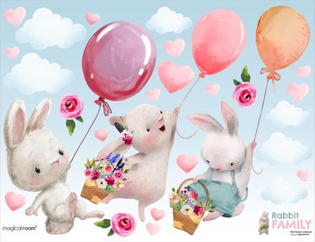 Naklejki na ścianę dla dziewczynki - króliczki z balonami - MagicalRoom®