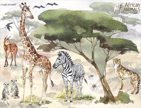 Naklejki ścienne dla dzieci - żyrafa, zebra i dzikie zwierzęta Afryki - MagicalRoom®
